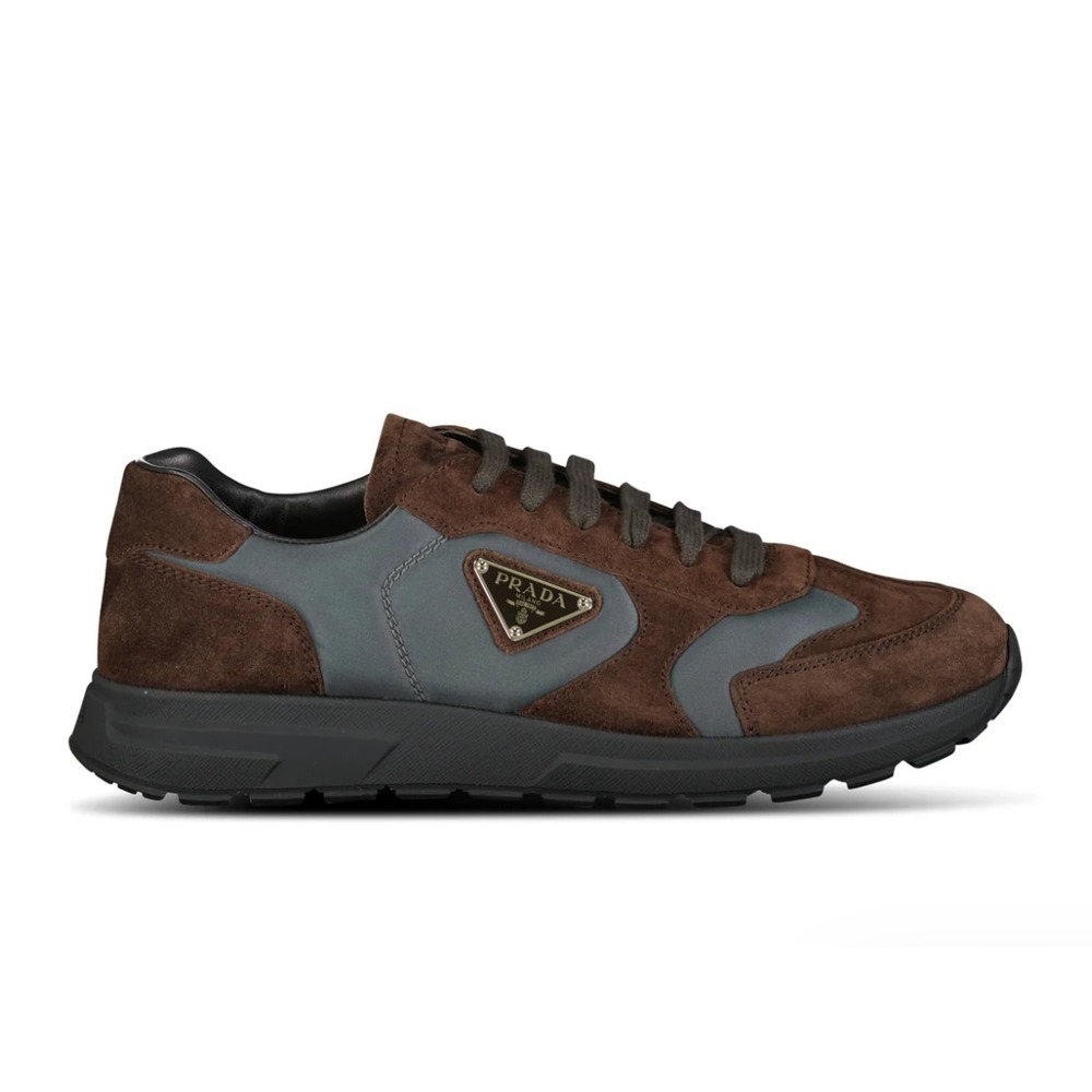 Prada Prax 2.0 Blue Re-Nylon & Brown Suede Sneakers 2EE455, UK 7.5, US 8.5